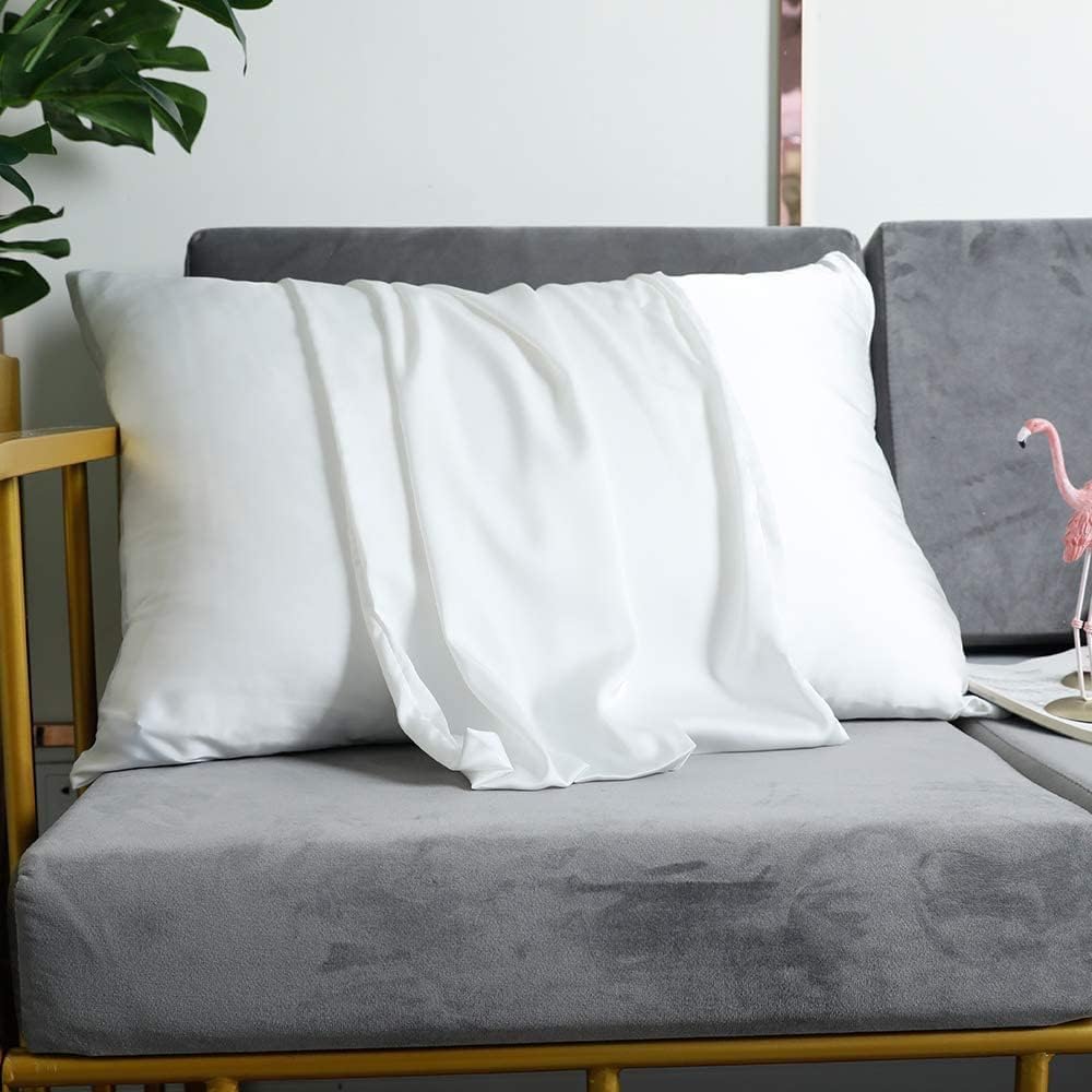100% Mulberry Silk Pillowcases Set of 2 for Hair and Skin and Super Soft and Breathable Queen Size Nature Silk Pillowcases (Queen, White)