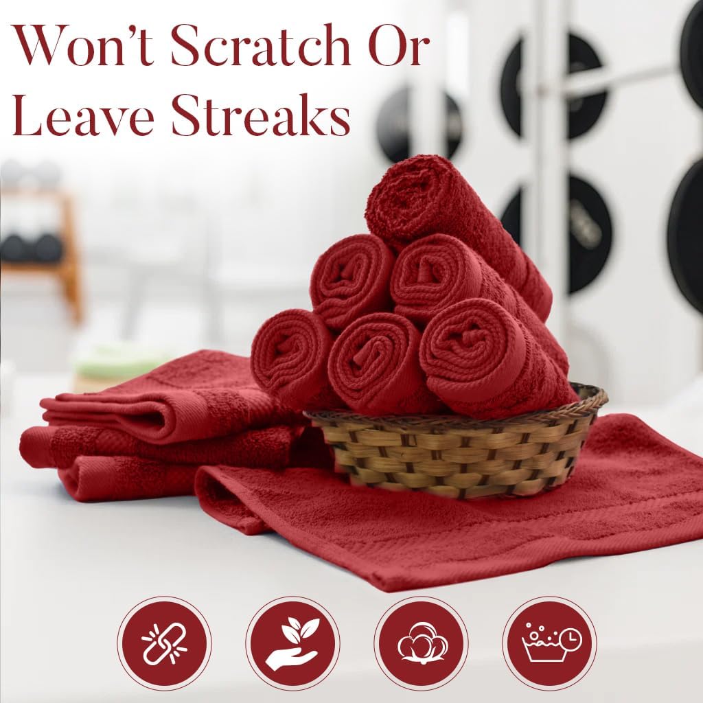 DAN RIVER 12-Pack Premium 100% Cotton RED Face Towels – Reusable Face Towel Set, Soft & Absorbent Small WashCloths for Bathroom & Body – Hand and Face Towels, 550 GSM (12x12 in)