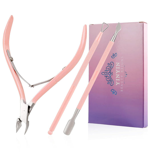 YINYIN Professional Stainless Steel Cuticle Trimmer with Pusher and Cutter - Durable Pedicure Manicure Tools for Fingernails and Toenails (Pink)