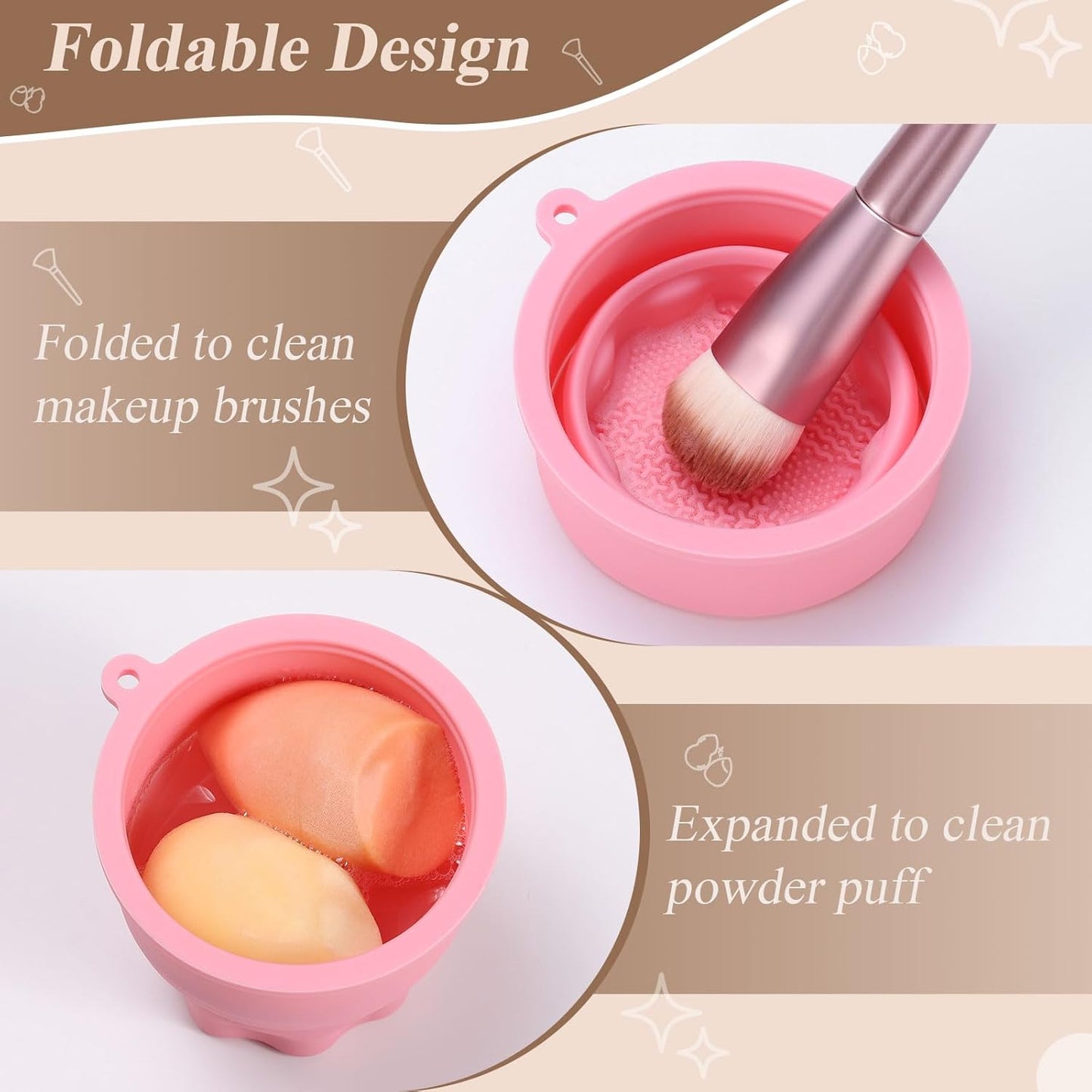 WantGor Makeup Brush Cleaner Mat with Brush Storage Holder, 3 in 1 Foldable Silicone Bowl Cosmetic Brushes Cleaning Pads Tool for Makeup Brush, Makeup Sponge, Powder Puff (Pink)