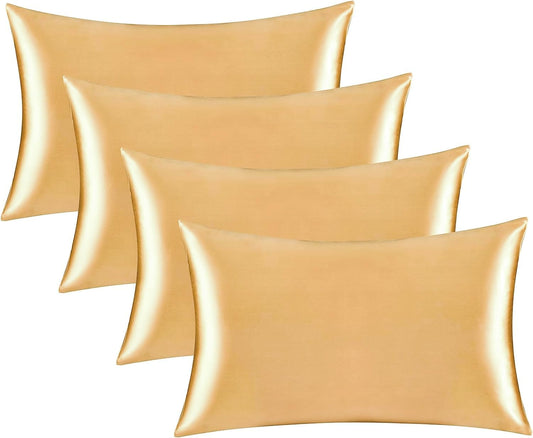 Satin Silk Pillowcase for Hair and Skin, Black Pillow Cases Standard Size Set of 4 Pack Super Soft Pillow Case with Zipper Closure (Champange, Queen(4 Pack))
