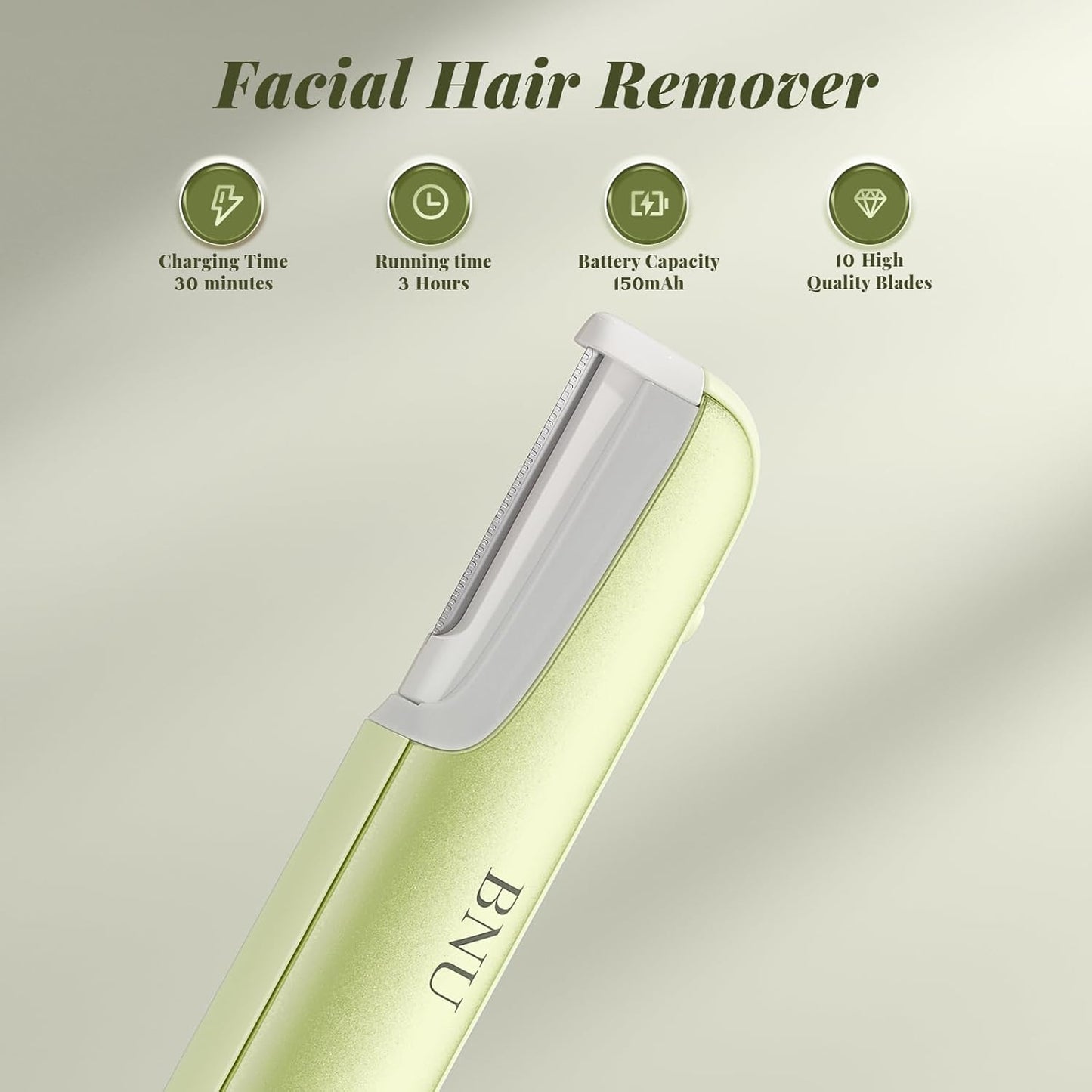 BNU Dermaplane Razor for Women, Face Razor for Women with 10 Replaceable Blades - Face Exfoliation Razor - Body Peach Fuzz Removal - Eyebrow Shaper - Sonic Edge Technology Dermaplaning Tool - Green