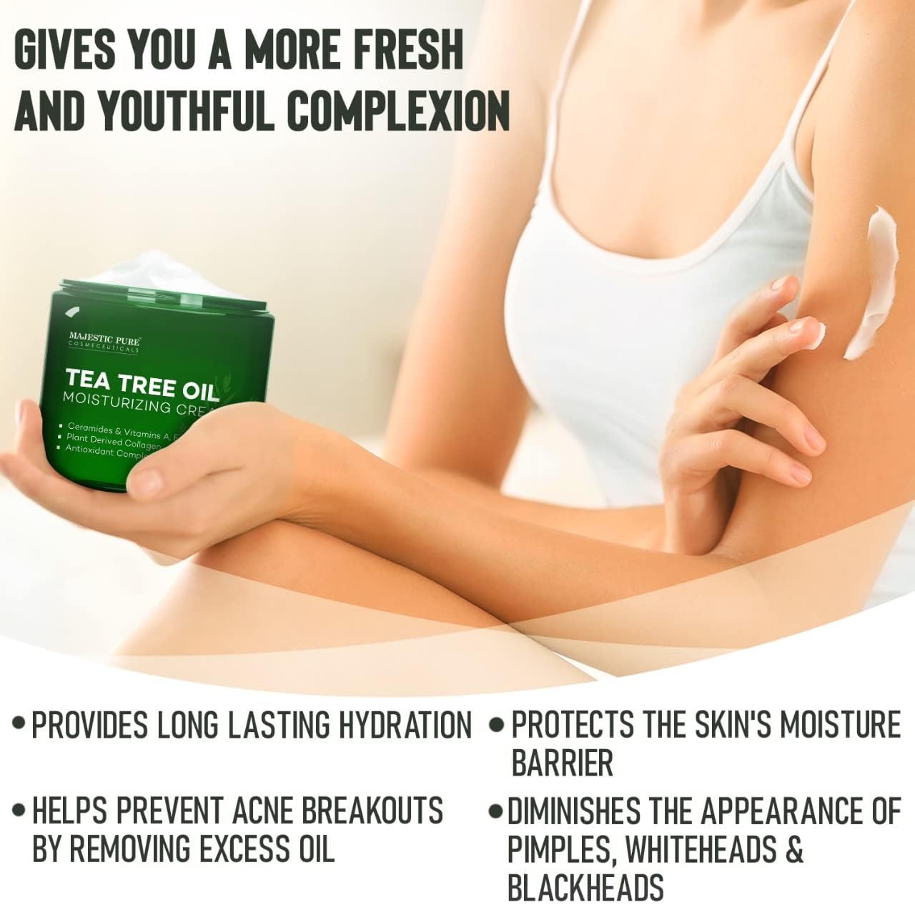 Majestic Pure Tea Tree Oil Moisturizing Cream - Body, Foot & Face Moisturizer - With Ceramides, Vitamins A E & Vegan Collagen - For Dry Skin, Oily Skin, & Appearance Of Wrinkles - 16 oz