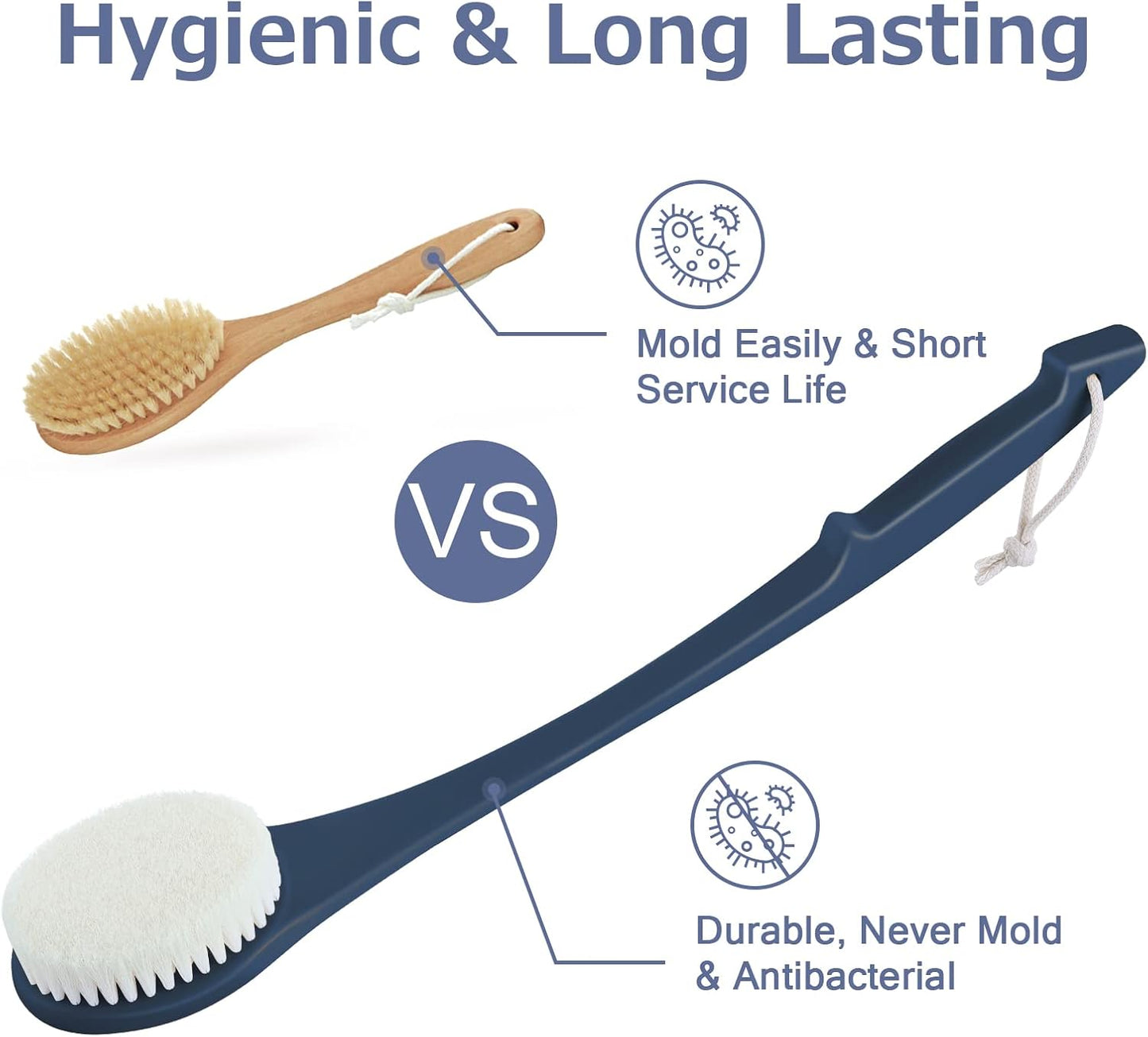 Body Back Scrubber – 17'' Long Handle Shower Brush, Durable Exfoliator for Dry & Wet Use, Deep Cleansing & Gentle Exfoliation for Smooth Skin – for Men, Women & Elderly (Navy Blue)