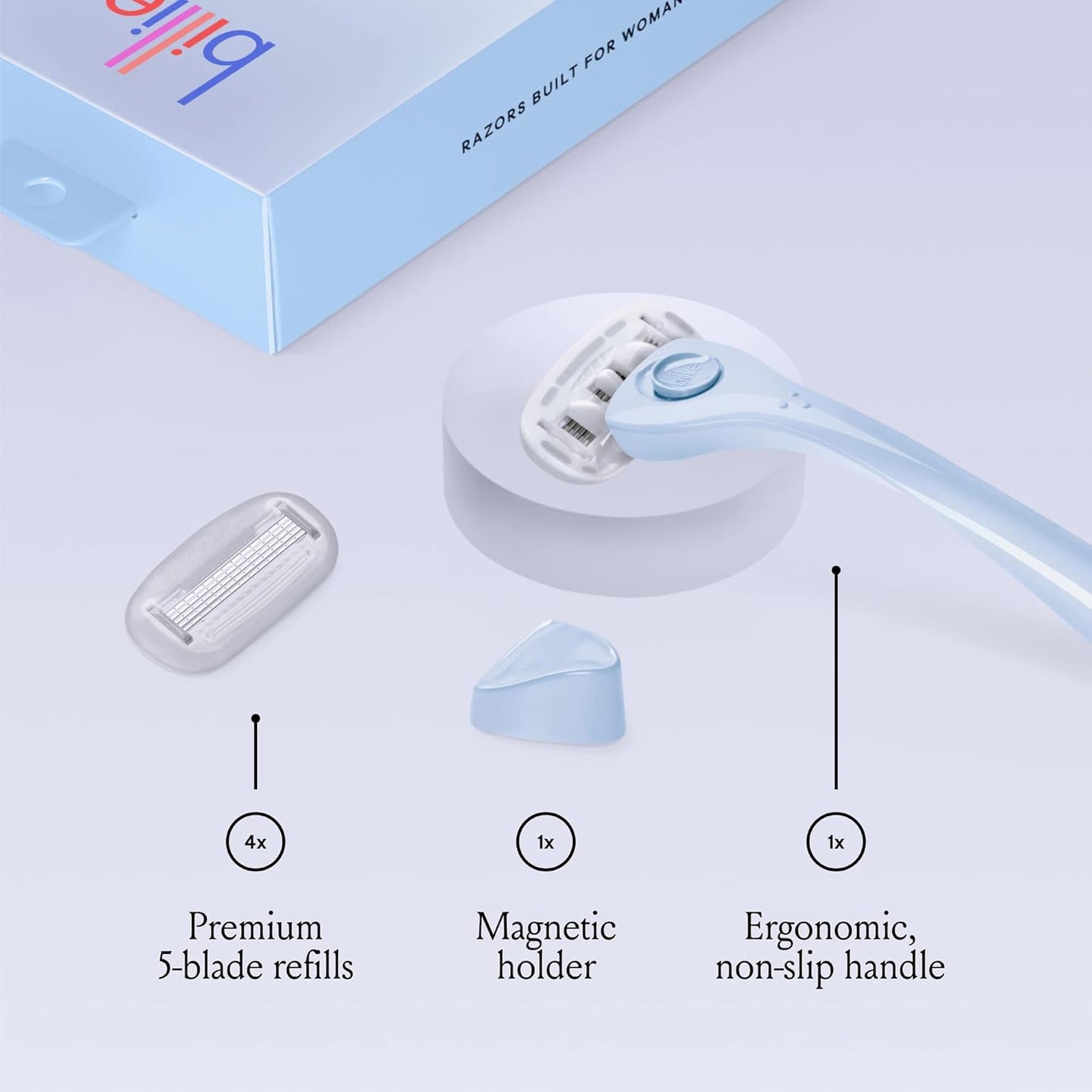 Billie Razors for Women Shave Kit – Women’s Razor + 4 x 5-Blade Razor Refills + Magnetic Holder – Cool Blue