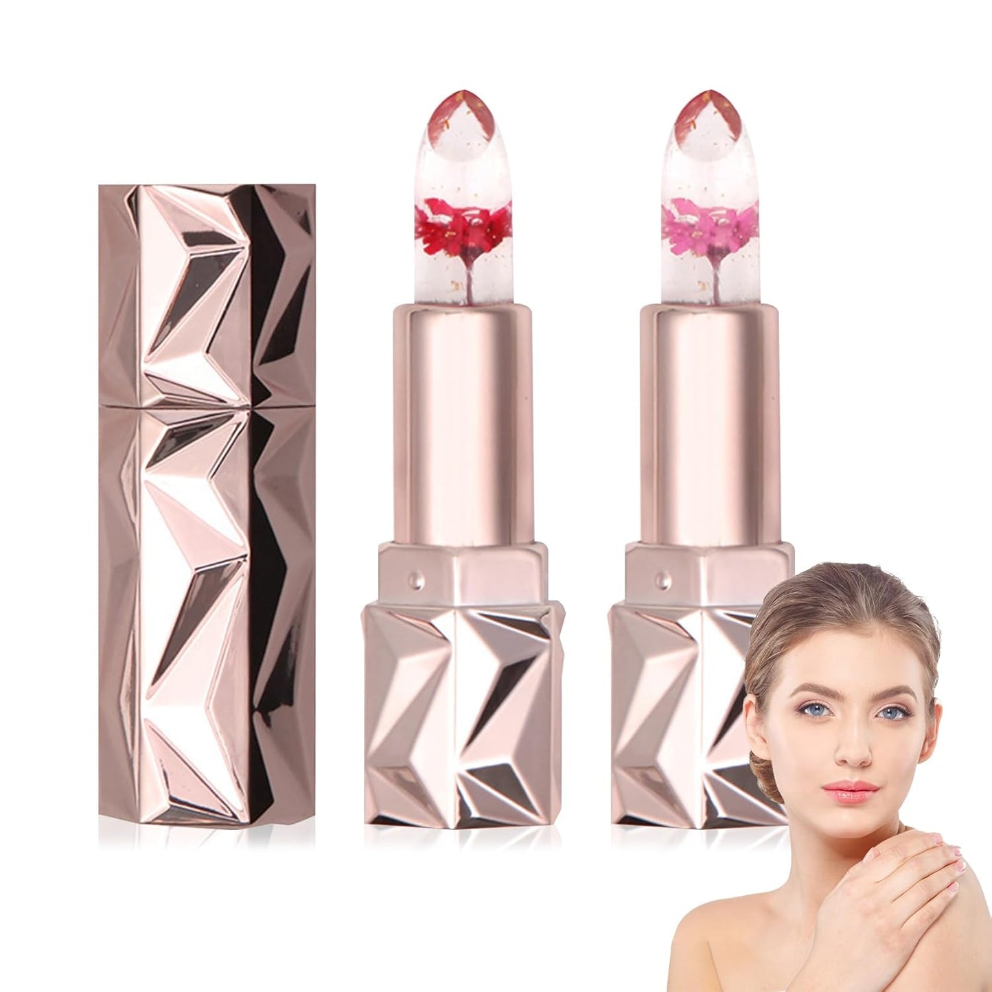 2 Pack Crystal Flower Jelly Lipstick,Magic Color Changing Lipstick,PH Clear Temperature Color Changing Lip Gloss,Lip Balm,Long Lasting Nourishing Moisturizing Lip Stick Set D01+02