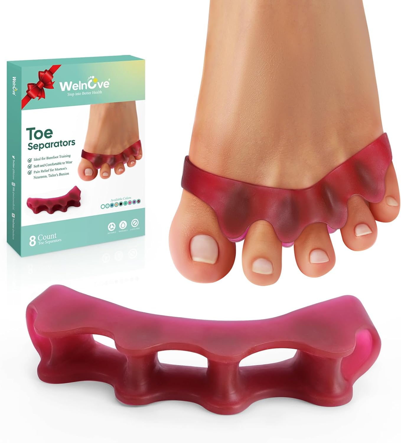 Welnove Toe Separator Bunion Corrector - 8 Pcs Gel Toe Straightener to Restore Hammertoes to Their Original Shape for Women Men, Toe Spacers for Gifts (Deep Red)
