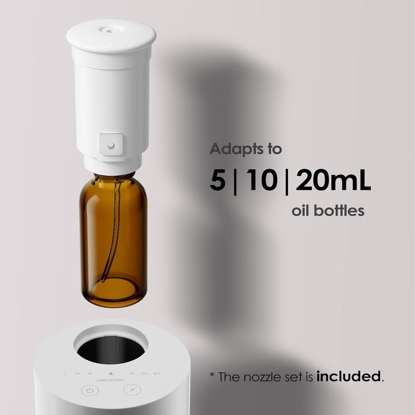 Airversa Waterless Diffuser for Essential Oil, Battery Operated Nebulizer, 0.7 Fl.Oz./ 20mL Capacity, Mini Scent Air Machine, 3 Countdown Timers & 3 Mist Levels for Home, Room, Car, Office - AN6 White