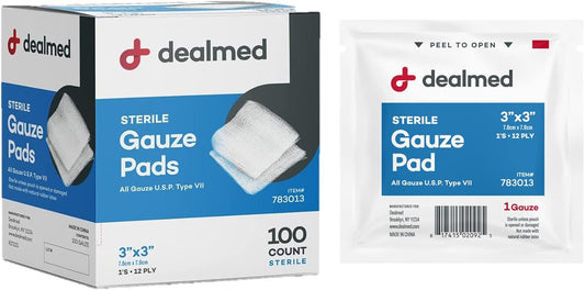 Dealmed 3’’ x 3’’ Sterile Gauze Pads (100 Count) Disposable and Individually Wrapped Medical Gauze Pads, Wound Care Product for First Aid Kit and Medical Facilities (Pack of 1)