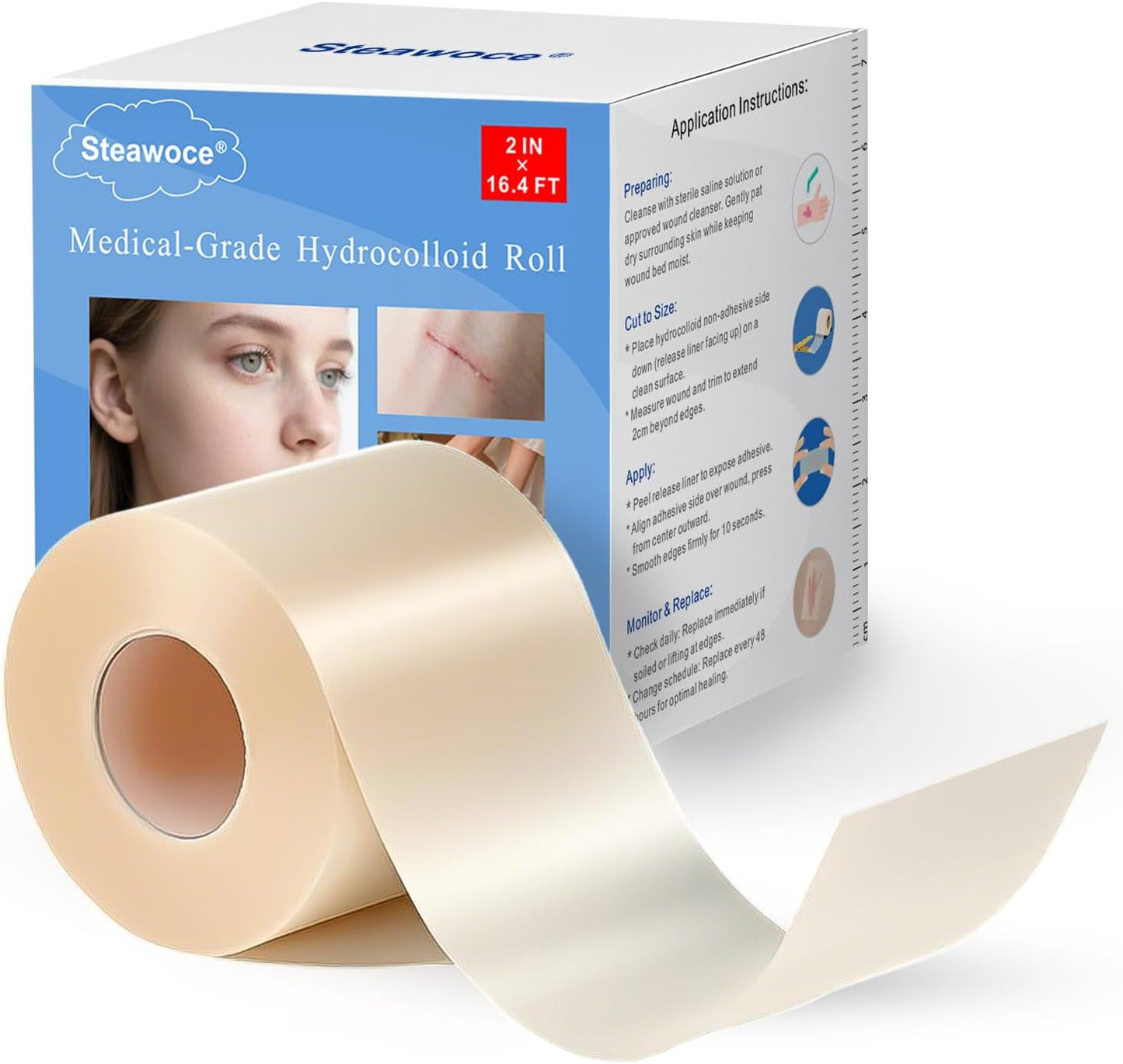 3-in-1 Hydrocolloid Bandage Roll (2" x 16.4 ft) - Sterilized, Waterproof Wound Dressing for DIY Sizing, Latex-Free and Hypoallergenic, Great for Blisters, Cuts & Pimples (2" x 16.4 ft)