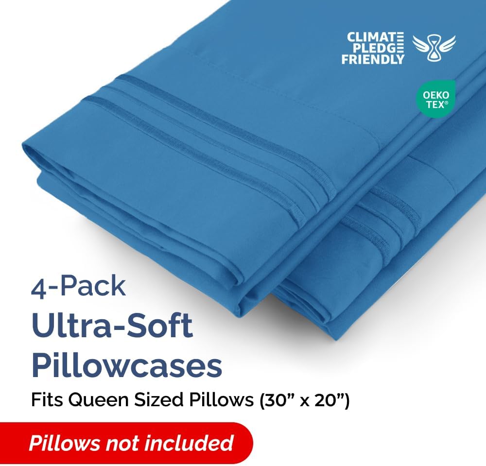 CGK Unlimited Queen Size Microfiber Pillowcase Set of 4 - Soft, Premium Quality, Machine Washable, 20x40, 20x36 & 20x48 Pillows for Sleeping - Royal Blue