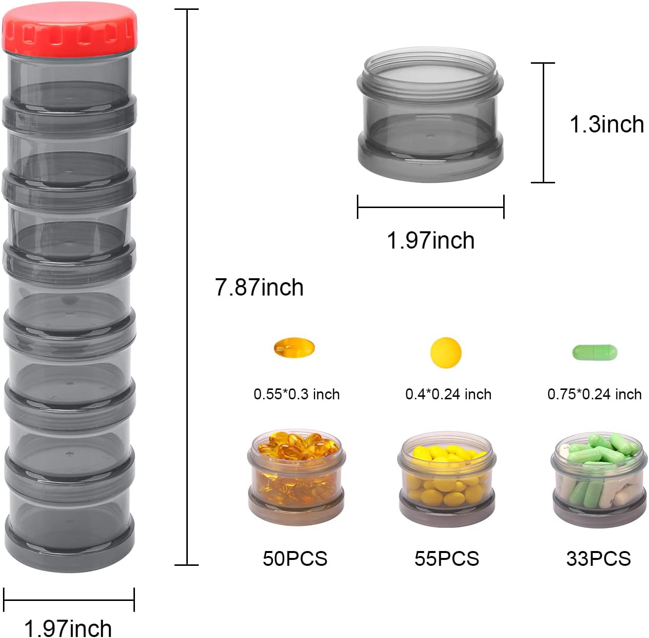 7 Day Pill Organizer Case Stackable Weekly Supplements Vitamins Pills Holder Dispenser Large Translucent Black with Extra Lid