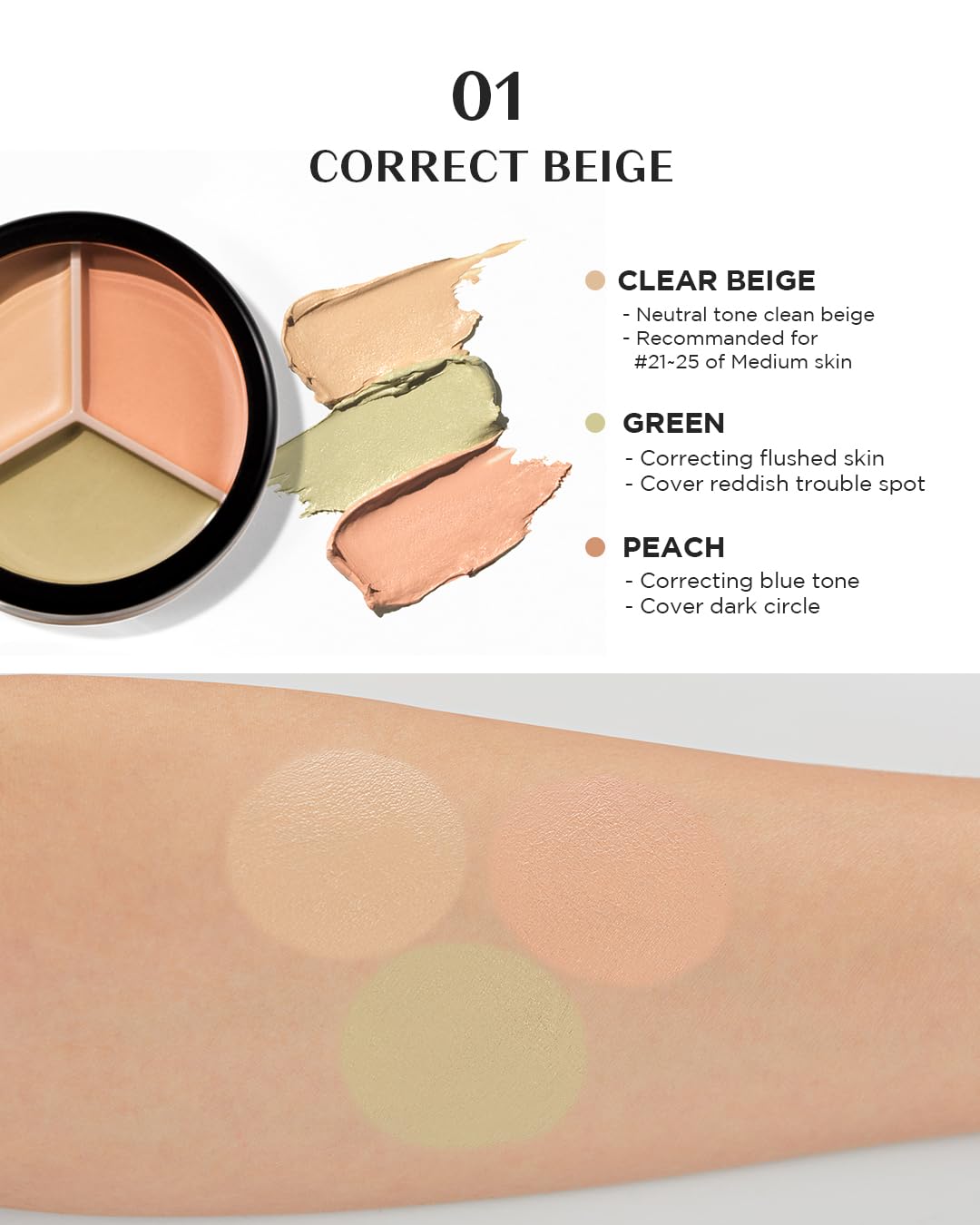 THESAEM Cover Perfection Triple Pot Concealer - 3 Color Concealer with Clear Beige, Green & Peach Shades - Full Coverage to Correct & Conceal Redness, Dark Circles, 01 Correct Beige