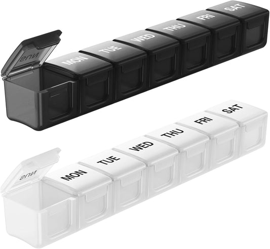 BUG HULL Weekly Pill Organizer Large 2 Packs, Extra Large Travel Pill Organizers, Pill Box 7 Day, Travel Pill Case, Medicine Pill Organizer for Vitamins, Supplements and Medications (Black+White)