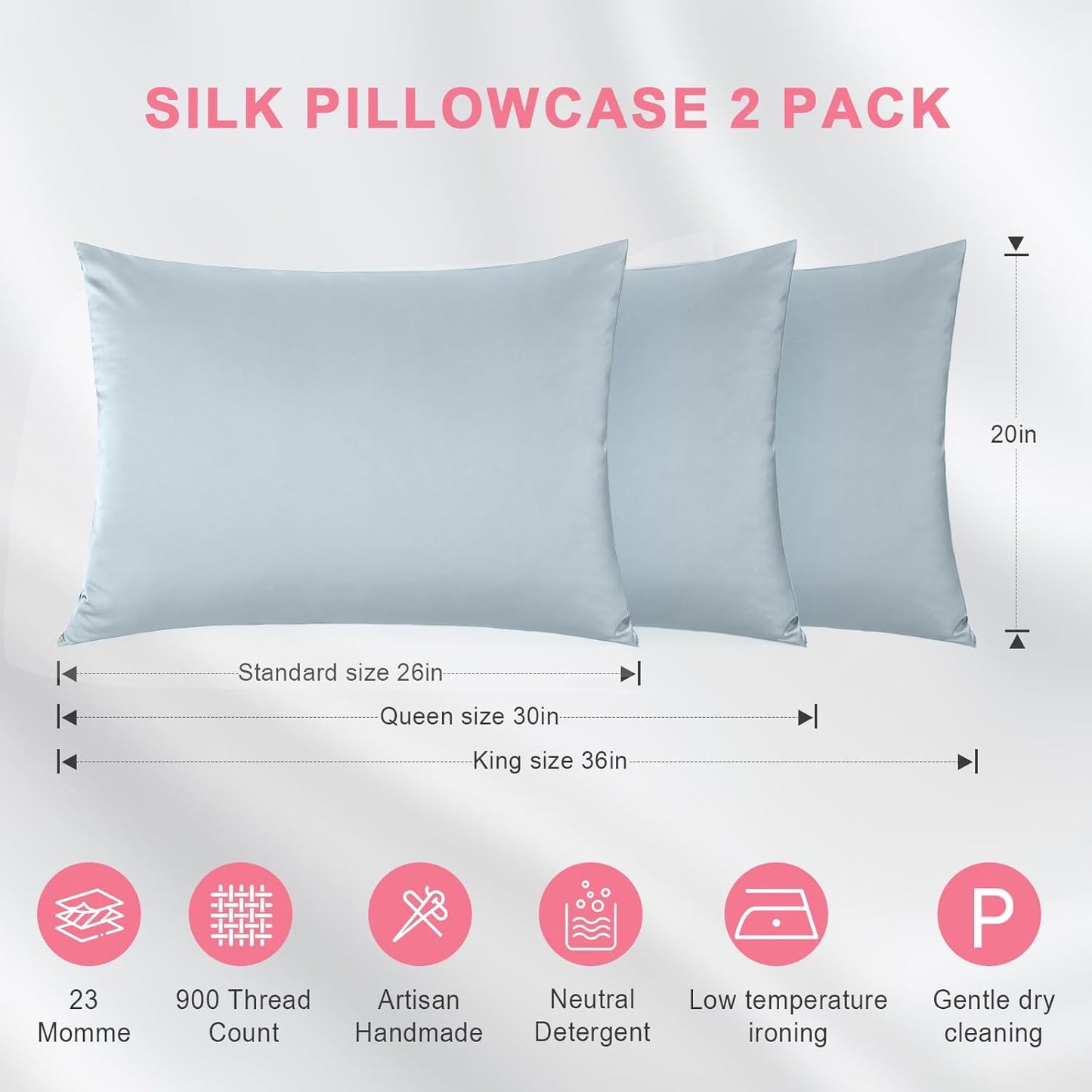 100% Silk Pillowcase 2 Pack for Hair and Skin, Both Sides 23 Momme Grade 6A+ Mulberry Silk Pillowcases with Hidden Zipper, Soft&Smooth Cooling Pillow Cases (Ash Blue, Standard 20×26)