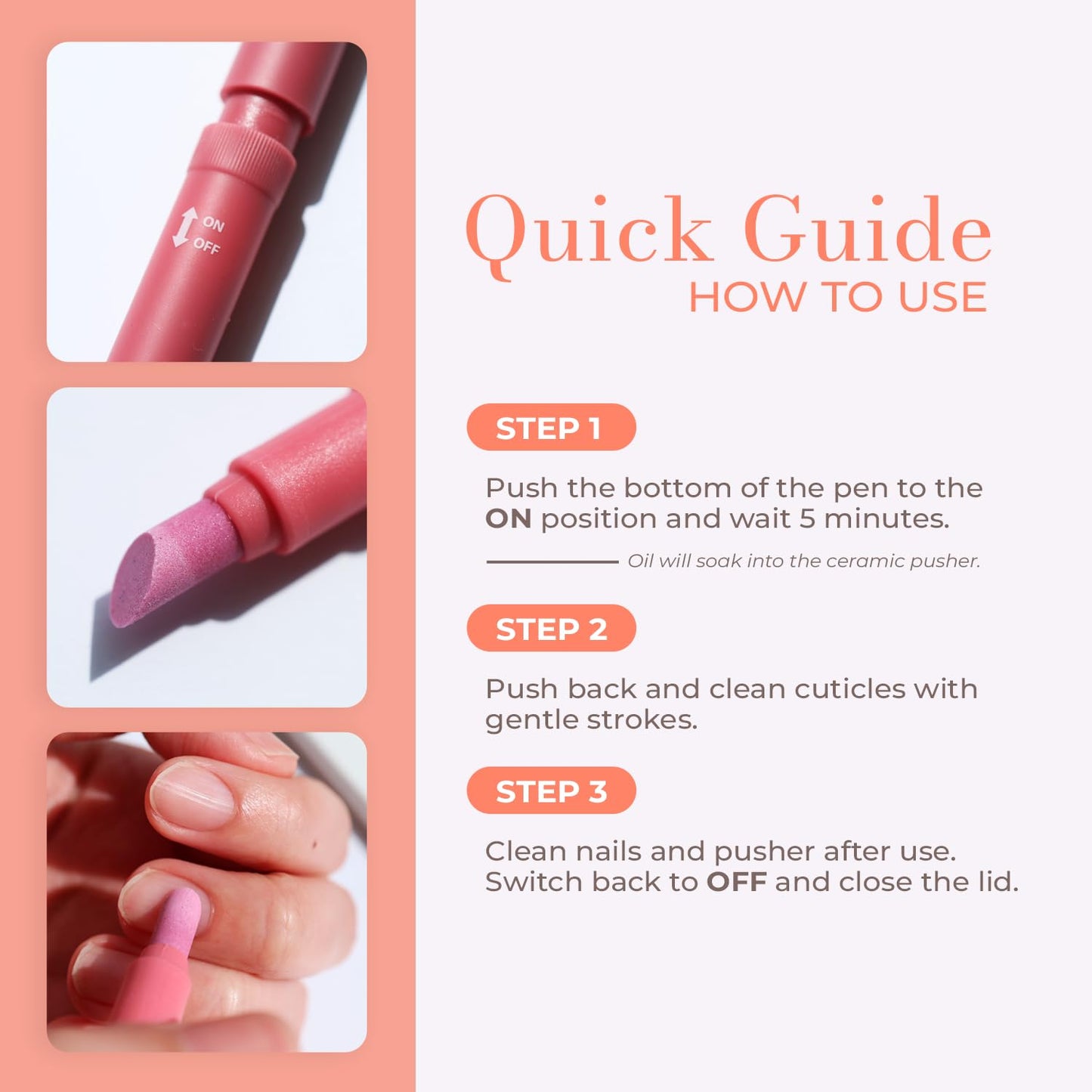 Cuticle Oil Pen 3-in-1 Ceramic Nail Buffer & Cuticle Remover – Moisturizing & Strengthening Nail Care for Dry, Damaged, Brittle Nails. (Pink)