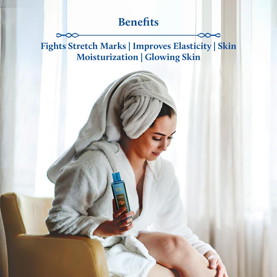 Blue Nectar Saffron & Almond Oil, Ayurveda Product for Crepey Skin | Skin Firming Body Oil for Stretch Marks (12 Herbs, 3.38 Fl Oz)