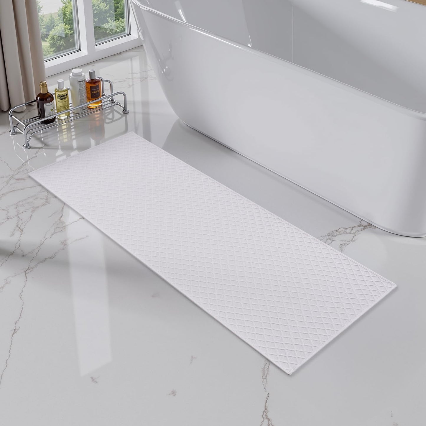 AMOAMI Ultra Thin Bathroom Mat Runner Rug, Rubber Backed Non Slip, Absorbent, White, 24" x 71"