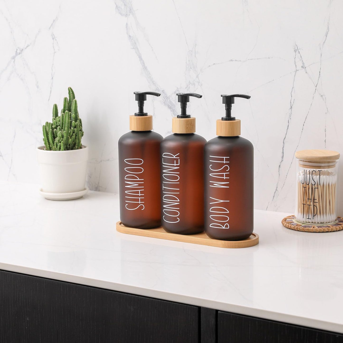 MOMEEMO Amber Shower Dispenser Set, Contains 3 Extra-Thick PET Plastic Bottles with Bamboo Pumps, Shampoo and Conditioner Dispenser for Shower Perfect for Modern Bathroom Decor. (Amber)