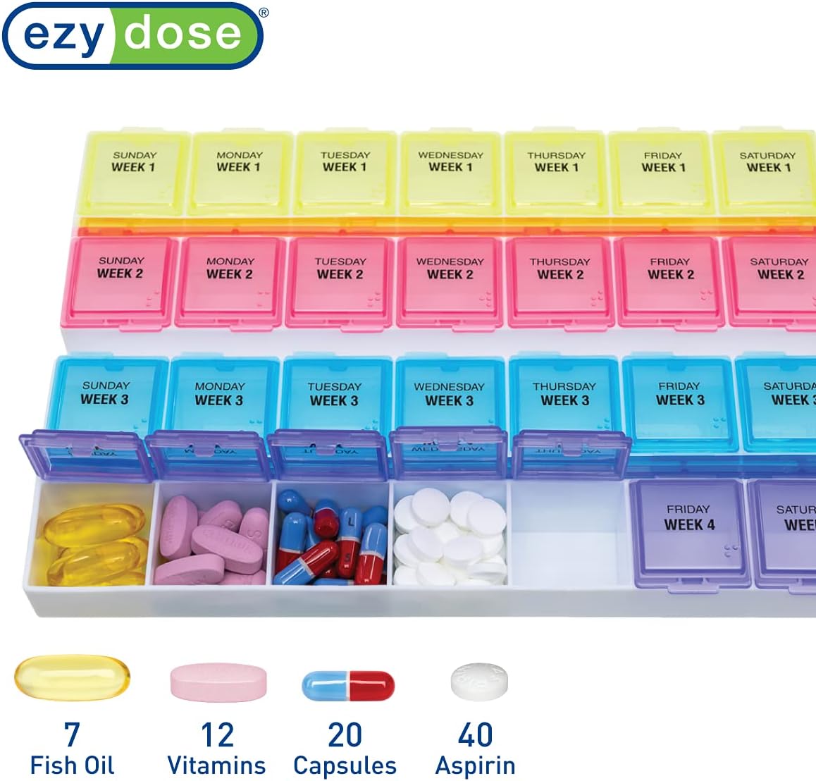 EZY DOSE Monthly (28-Day) Pill Case, Daily Medicine Planner, Vitamin Organizer, Supplement Container, One Month, Large Contoured Compartments, Convenient and Easy to Use, Colored Lids, BPA Free
