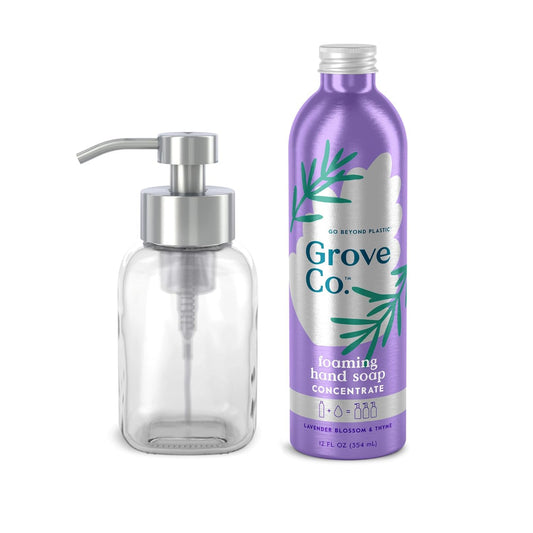 Grove Co. Foaming Hand Soap Concentrate (12 Fl Oz) + Reuseable Glass Soap Dispenser, Plastic Free and Liquid Refillable Starter Kit, Natural Lavender Blossom & Thyme Fragrance