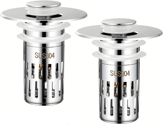 Bathroom Sink Stopper Hair Catcher, Pop-up Sink Drain Strainer with Removable Stainless Steel Strainer Basket Hair Catcher, Universal Drain Filter for Bathroom Sink Stopper Replacement (2PCS)