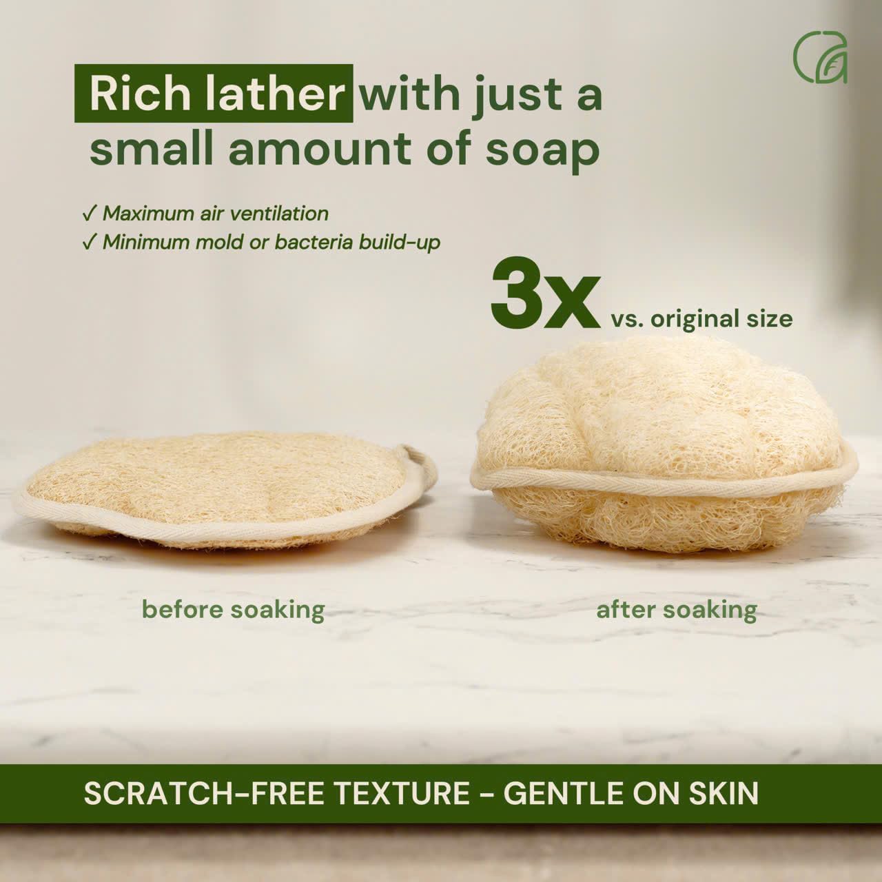 Chill Ah Green Glow Dual-Sided Loofah Bath Mitts (2-Pack) – 100% Plant-Based, Dye-Free, Biodegradable, Handcrafted in Vietnam – Natural Exfoliating Gloves for Glowing Skin