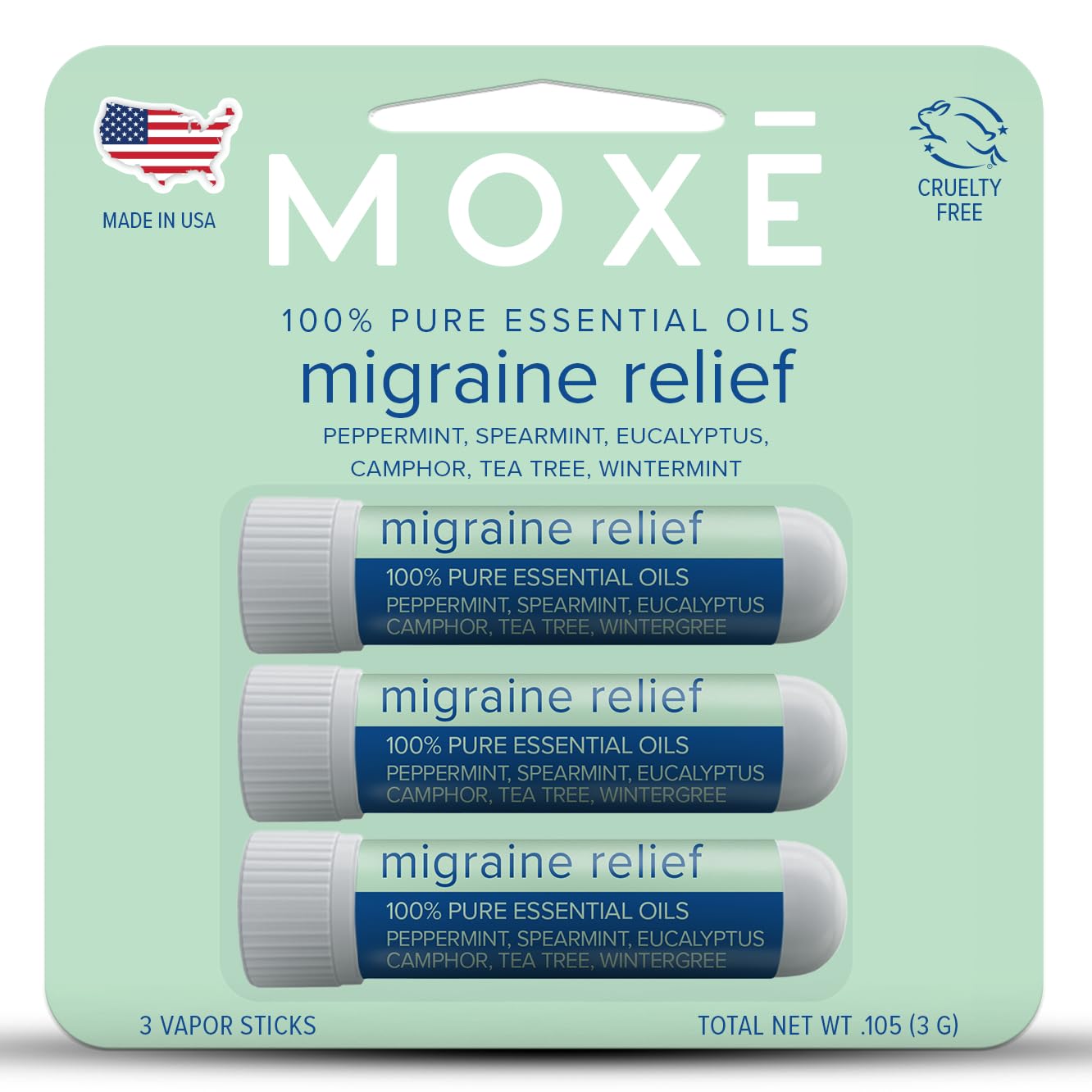 MOXE Migraine Relief Nasal Inhalers, Essential Oils for Headaches & Tension Relief, Portable Aromatherapy, Easy-to-Use, Pure & Undiluted, Peppermint, Spearmint, Eucalyptus, Tea Tree, USA Made, 3 Pack