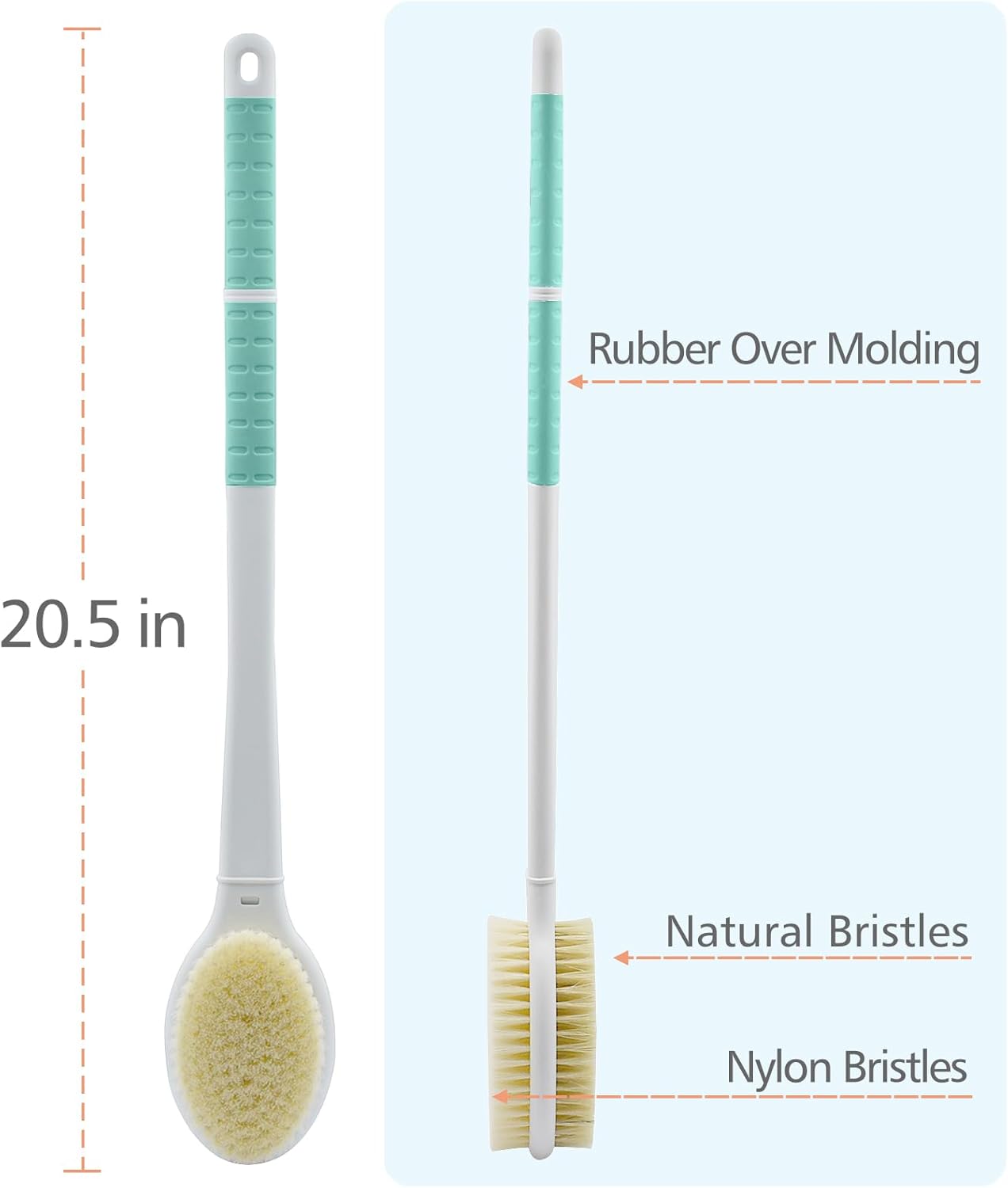 Shower Brush with Soft and Stiff Bristles,Long Handle Dual-Sided Back Scrubber Bath Brush Body Exfoliator for Wet or Dry Brushing (Extra Long Green)