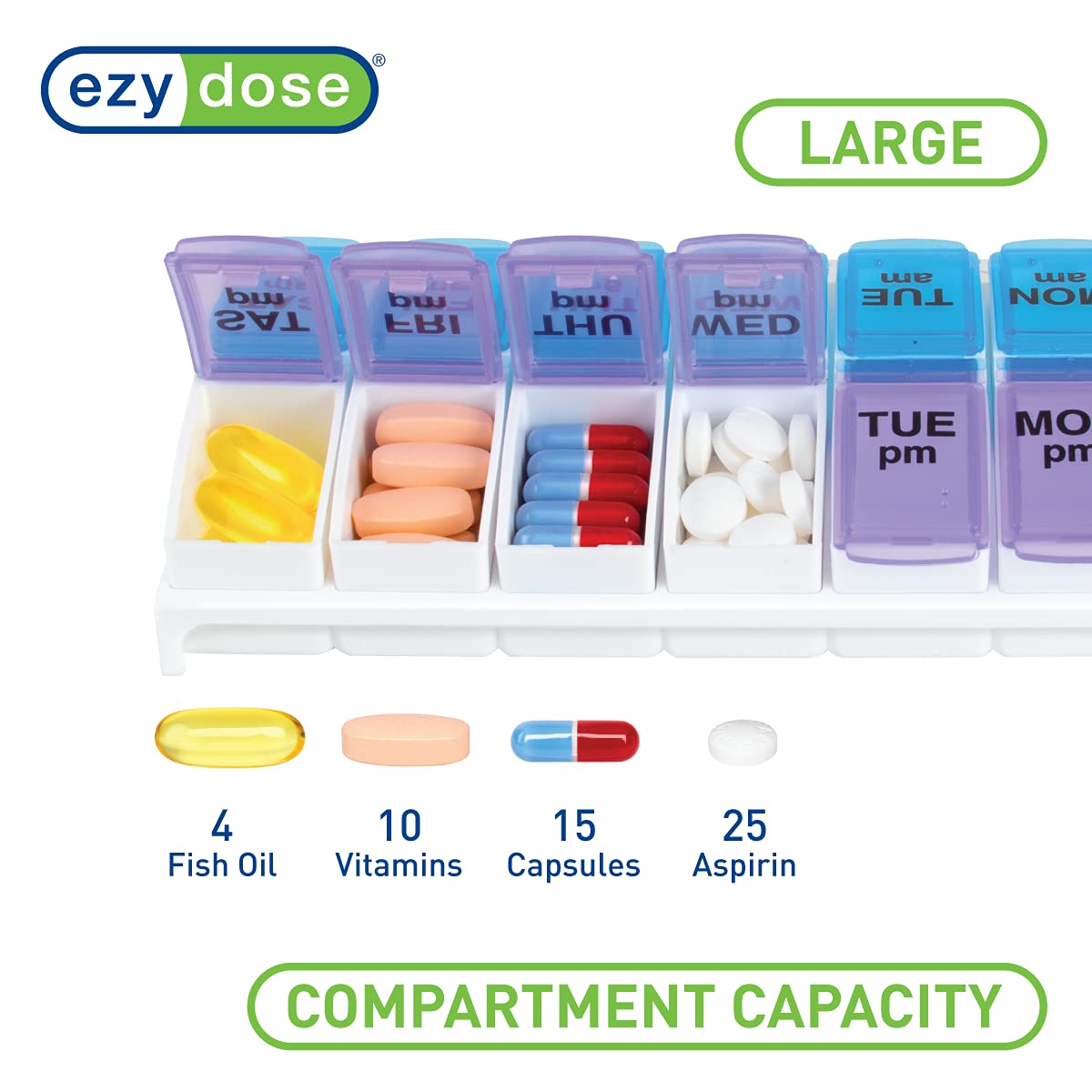 EZY DOSE Weekly (7-Day) AM/PM Pill Organizer, Vitamin and Medicine Box, Large Pop-out Compartments, 2 Times a Day, Blue and Purple Lids