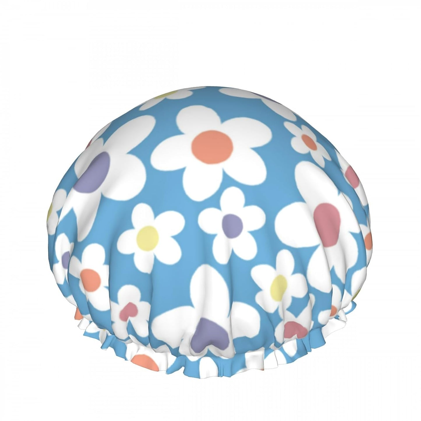 Blue Floral Nature Double Layer Waterproof Shower Cap for Women Reusable Bath Cap for All Long Hair Lengths Soft Bath Shower Hat