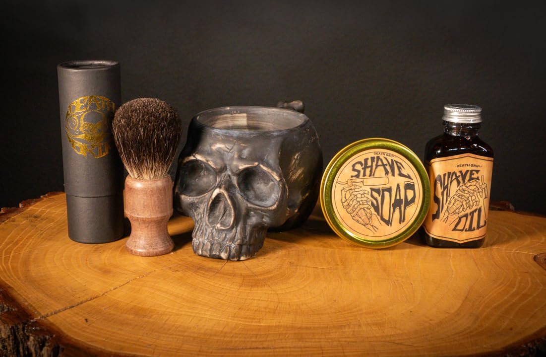 Shaving Kit for Men – Traditional Wet Shave Set with 4oz Shaving Soap, 3oz Tea Tree Oil, Badger Brush & Skull Bowl – For Use with Safety Razor or Straight Razor – Barber Grooming Gift by Death Grip