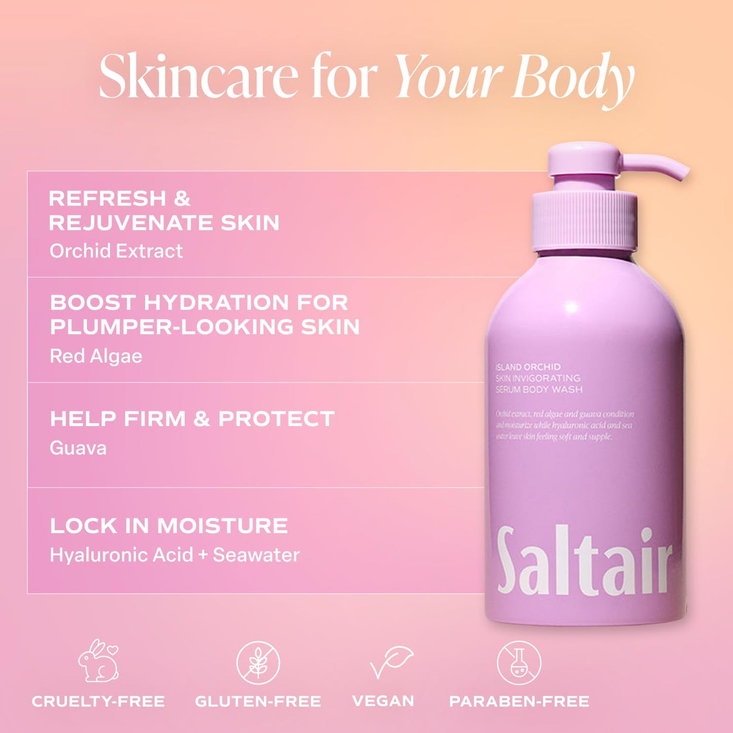 Saltair Body Wash, Island Orchid 2-Pack. Moisturizing Body Cleanser with Monoi Oil and Cupuacu Butter. Luxury Shower Gel for Women and Men. Vegan, Cruelty-Free, Paraben-Free. 2x 17oz Pump Bottles