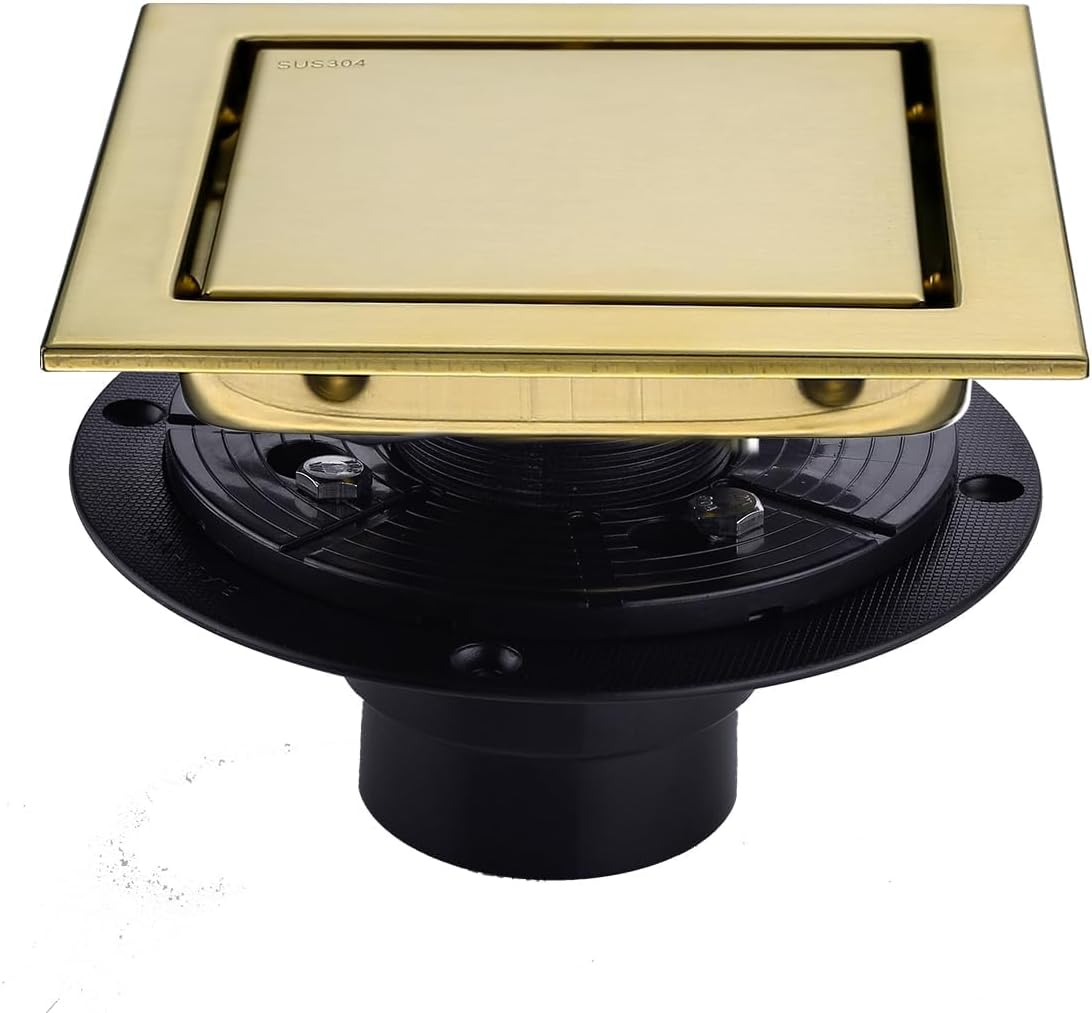 RANDOM Brushed Gold Shower Drain Square with Adjustable Base Flange,SUS304 Stainless Steel 6 inch Floor Drain Kit with Tile Insert Flat Shower Drain Cover & Threaded Adapter.98728BG-S