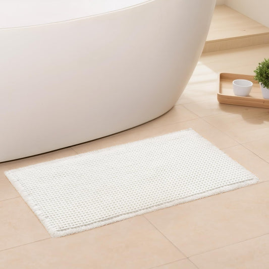 White Bathroom Rugs, Waffle Bath Mat Non Slip Washable, Super Absorbent & Quick Dry, Small Boho Bath Mat Farmhouse Bathroom Decor, 18'' x 30'', White