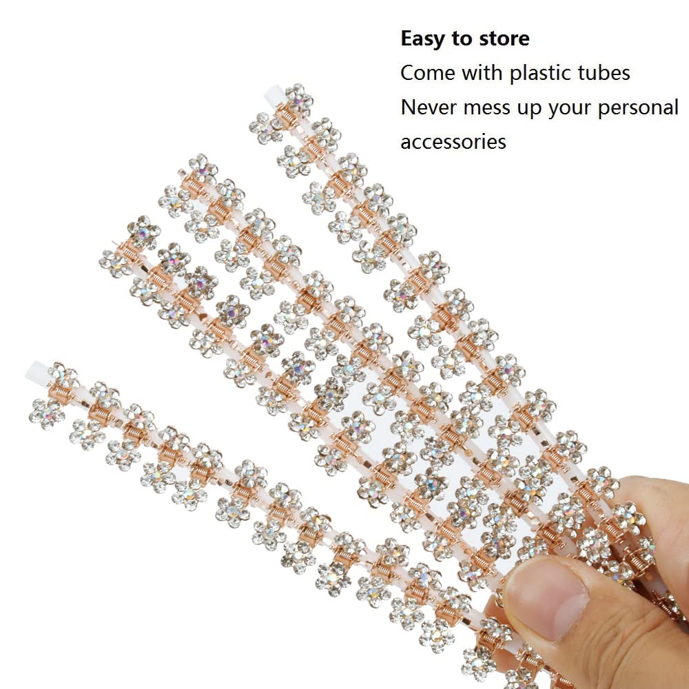 Glitter and Rhinestone Hair Accessories - Mini Claw Clips with No-Slip Grip and Metal Clamps, Assorted Colored Flower Designs for Girls and Women (Rose Gold-White Crystal)