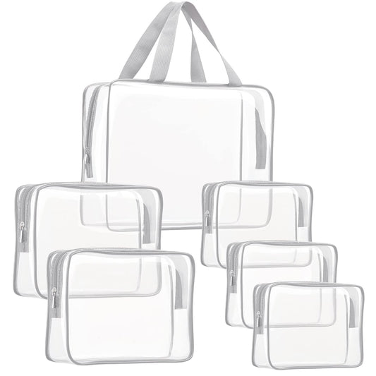 6Pcs Crystal Clear PVC Travel Toiletry Bag Kit for Women Men, Waterproof Vinyl Packing Organizer Storage Bags with Zipper Handle Straps, Cosmetic Pouch Carry on Airport Airline Compliant Bag Handbag