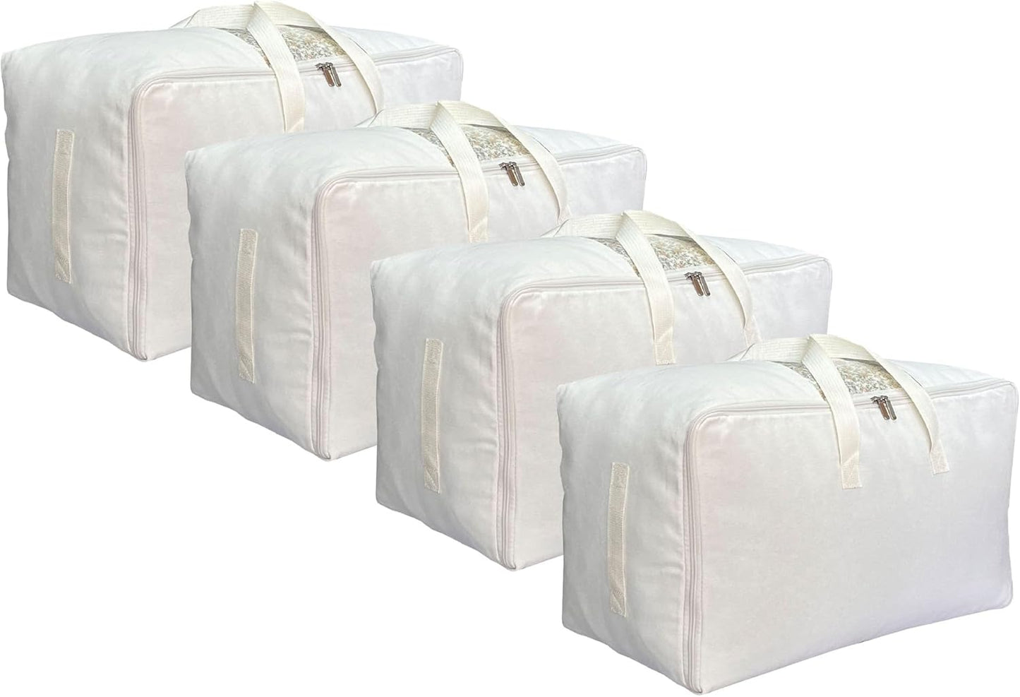 Soft Large Canvas Comforter Storage Bags with Four Carrying Handles and Clear Window, Closet Organizer for Clothing, Blankets Sheets Pillows and Bedding, 80L, 4 Pack, White