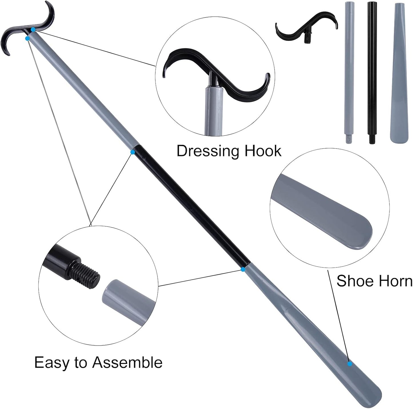 35" Long Dressing Stick with Shoe Horn with Sock Removal Tool, Adjustable Extended Dressing Aids for Shoes, Socks, Shirts and Pants Grey and Black