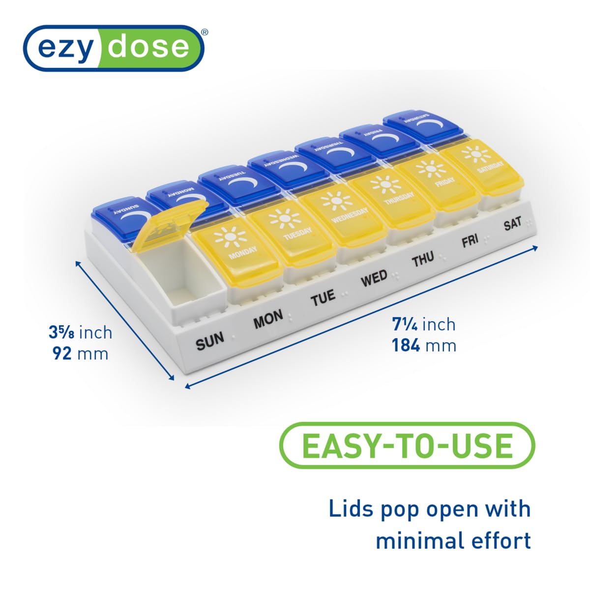 EZY DOSE Weekly (7-Day) AM/PM Pill Organizer, Daily Vitamin Container and Medicine Box, Large Pop-Out Compartments, Designed for Travel, 2 Times a Day, Blue and Yellow Lids