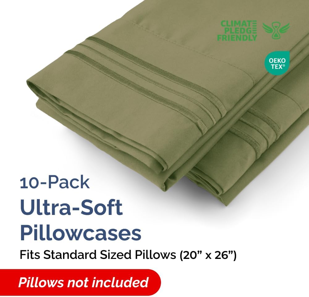 Standard Pillow Cases Set of 10 - Ultra Soft Hotel Quality Pillowcase Covers - Comfy & Wrinkle Free - Shrink, Stain and Fade Resistant - Machine Washable Pillow Protectors - 10 Piece Set - Sage Green