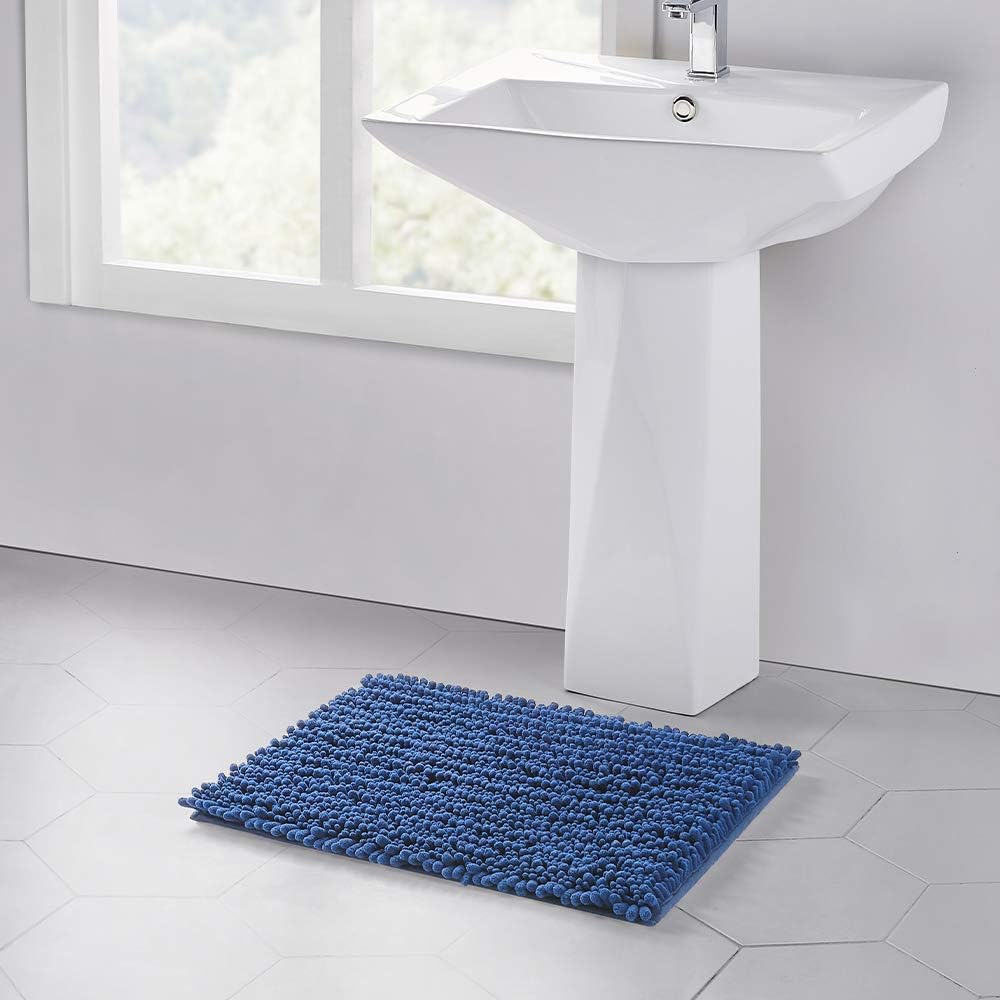 Walensee Bathroom Rug Non Slip Bath Mat (32x20 Dark Blue) Water Absorbent Super Soft Shaggy Chenille Machine Washable Dry Extra Thick Perfect Absorbant Best Large Plush Carpet for Shower Floor