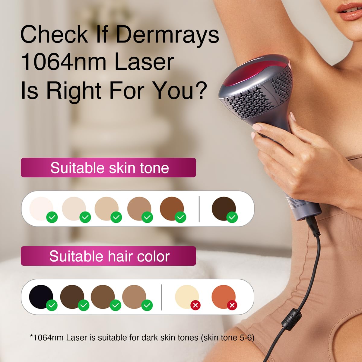 Upgrated Diode Laser Hair Removal for Dark Skin Tones, DermRays 1064nm Laser Hair Removal, Permanent Reduction in Hair Regrowth for Women and Men, V6S Suitable for Deep Skin Tone