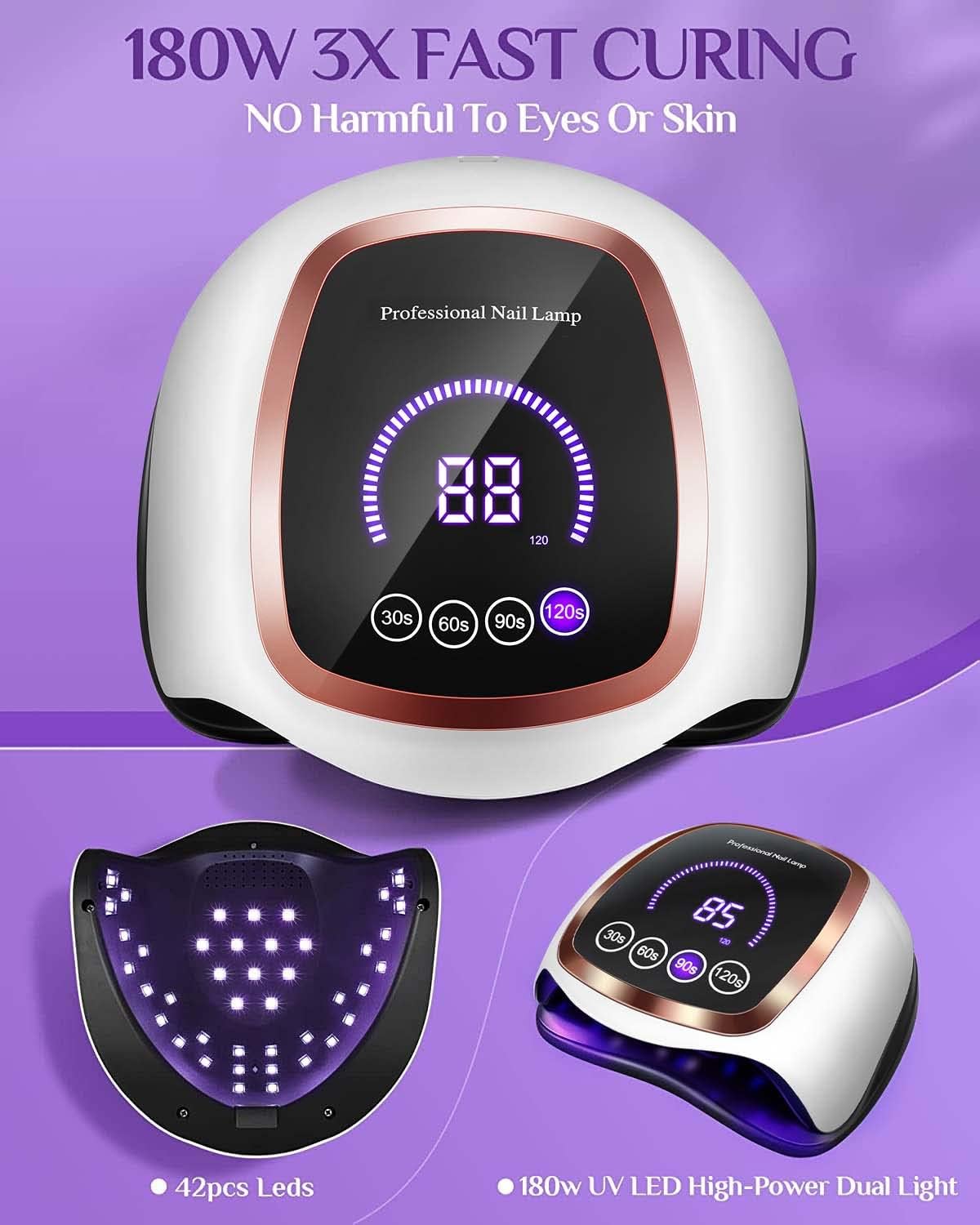 UV LED Nail Lamp, Gugusure Upgrade 180W Nail Dryer for Gel Polish with LCD Display, Auto Sensor and 4 Timer Settings, Professional Curing Lamp Light with 42 Beads for Salon and Home