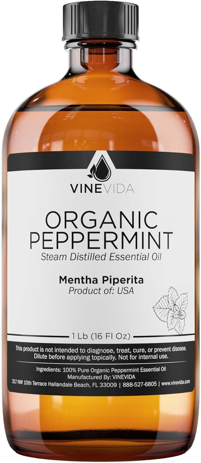 VINEVIDA Organic Peppermint Essential Oil 16 oz - Undiluted Organic Peppermint Oil 16 oz - Organic Peppermint Candle Oil Scent - DIY Candle Scents for Candlemaking - Bulk Essential Oil for Soap Making