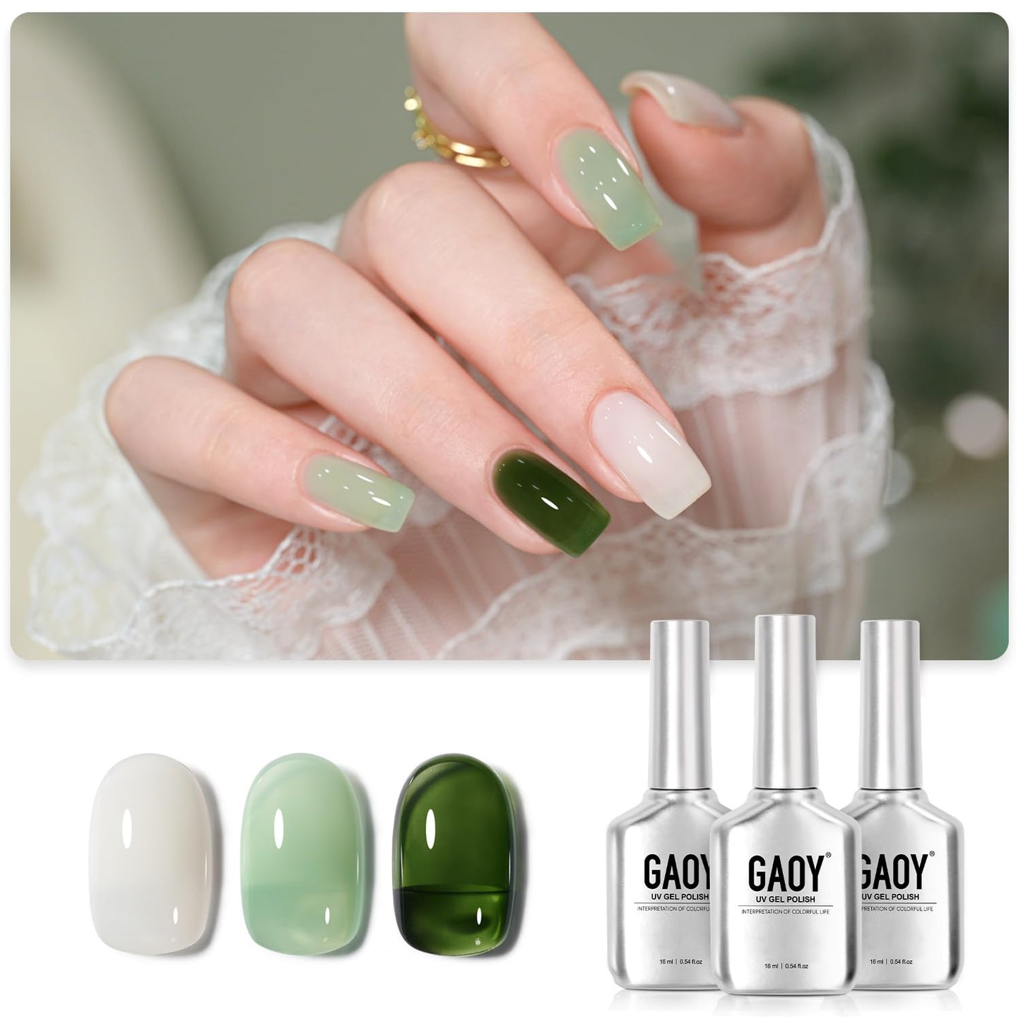 GAOY Gel Nail Polish Kit, 3 Colors 16ml Jelly White Green, Soak Off UV Gel Polish Set - Mint Milk