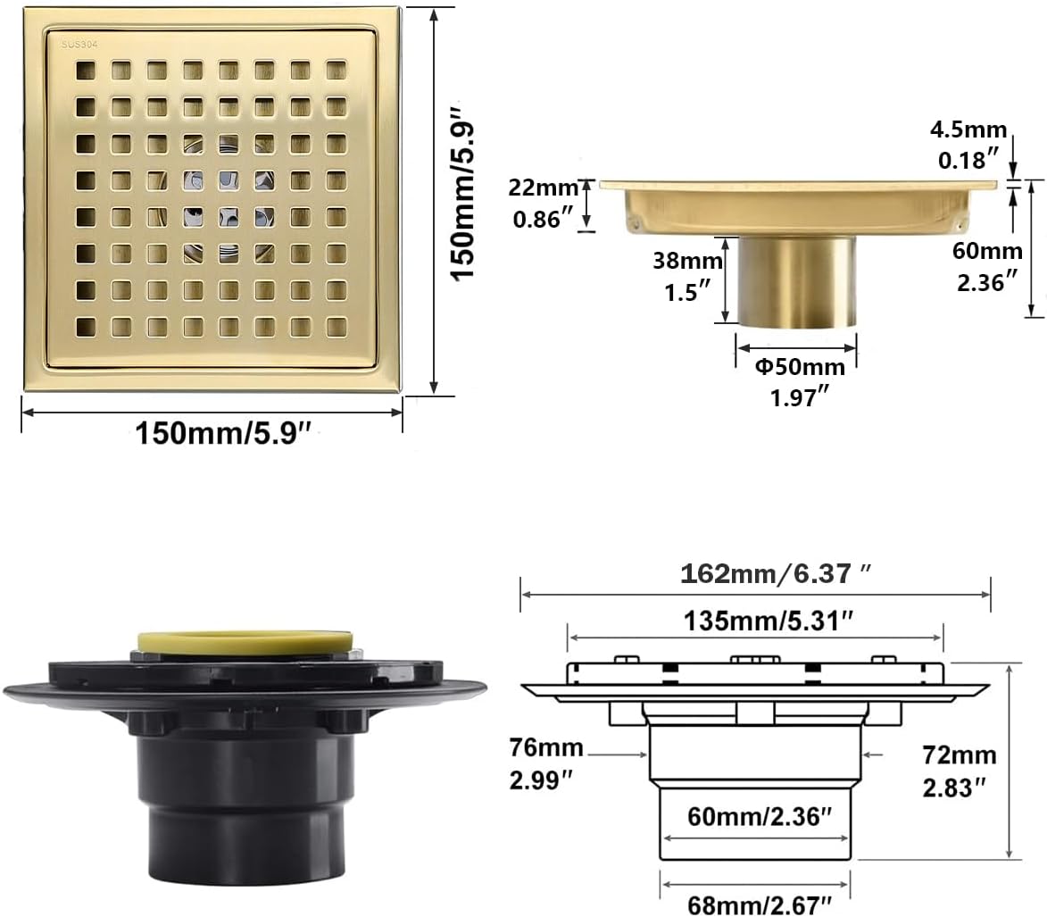 RANDOM Brushed Gold Shower Drain Square 6 Inch Shower Drain Cover Kit with Flange,SUS 304 Stainless Steel Shower Floor Drain with Removable Grid Cover and Hair Strainer