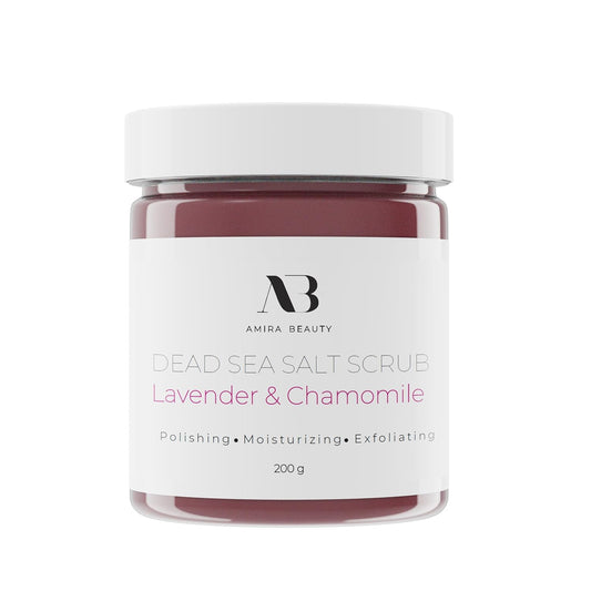 Amira Beauty Dead Sea Salt Body Scrub | Lavender & Chamomile | Foaming Shower Scrub with Organic Essential Oils | Exfoliates and Moisturizes Skin | 7 OZ