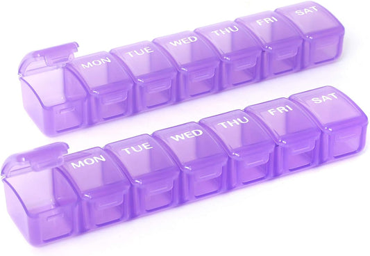 2 Packs Small Weekly Pill Organizer,Pocket Daily Pill Case Pill Box for Pills/Vitamin/Fish Oil/Supplements (Purple)