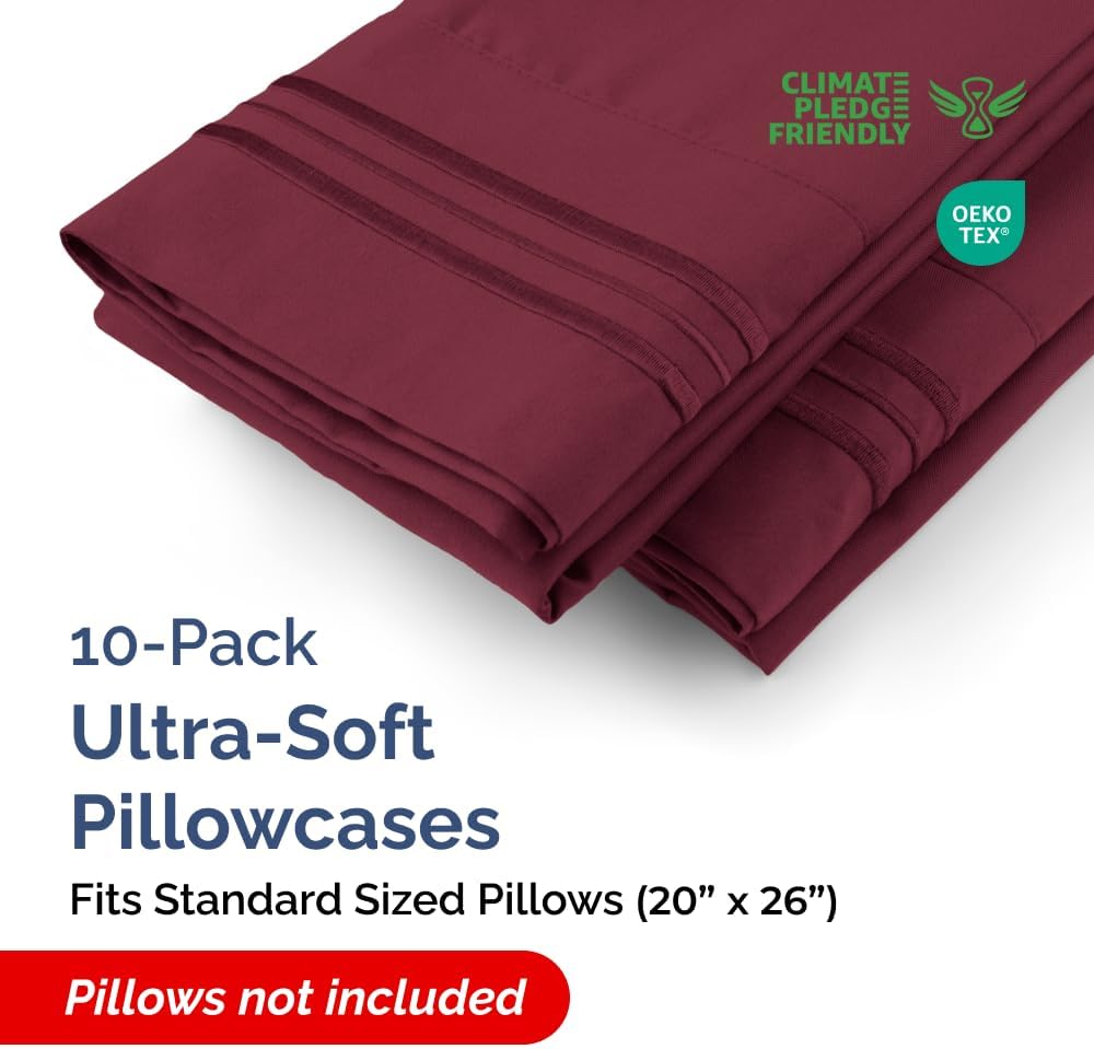 Standard Pillow Cases Set of 10 - Ultra Soft Hotel Quality Pillowcase Covers - Comfy, Cozy & Wrinkle Free - Shrink, Stain & Fade Resistant - Machine Washable Pillow Protectors - 10 Pcs Set - Burgundy
